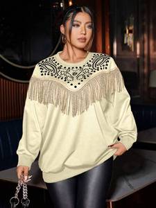 Sudadera de gran tamaño con flecos Beige para mujer, jersey de manga larga con diamantes de imitación, ropa de calle con cuentas de estilo occidental, ropa urbana de moda - Product Image 4