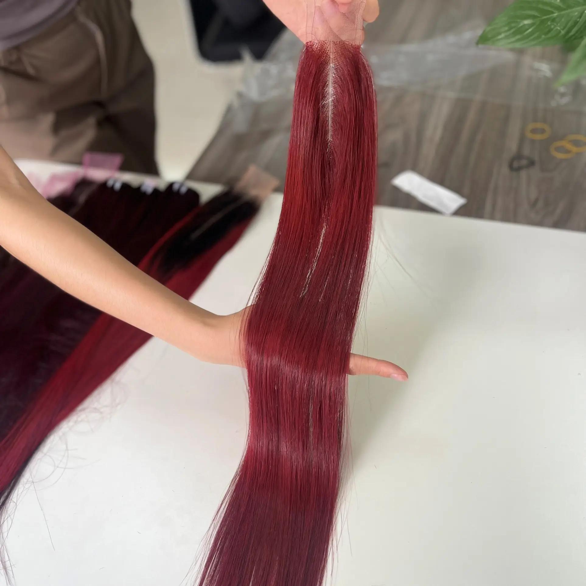 Silky Straight Wave Lace Closure and Frontal Wig 2*4 Bone Straight Red Wine Tone Hair Extensions From Vietnamese Human Hair