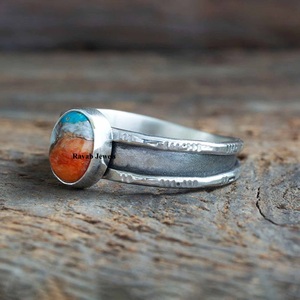 Spiny Oyster Copper <b>Turquoise</b> 6x8mm Oval Eternity Vermeil <b>Ring</b> Genuine 925 Sterling Silver Good for Women As Party Gift - Product Image 4