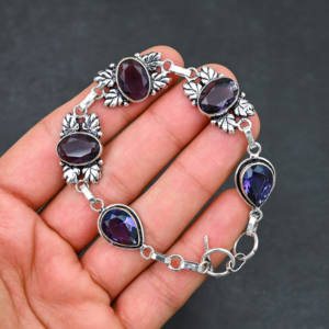 Bracelet unisexe de luxe en améthyste de laboratoire, argent sterling, coupe ovale 10x14 mm, 5 pierres, réglable, 7 à 8 pouces, magnifique violet - Product Image 1