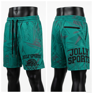 กางเกงบาสเก็ตบอลชาย 170 GSM ผ้าโพลีเอสเตอร์ตาข่ายพรีเมียม สีเขียวอมฟ้า พิมพ์ลายแบบ Sublimation ทั้งตัว พร้อมโลโก้สั่งทำพิเศษ - Product Image 2