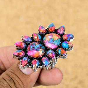 Bague Dahlia Turquoise & Rose faite à la main en laiton d'huître épineuse rose naturelle multicolore pour cadeau de fiançailles pour elle - Product Image 3