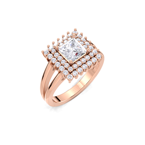 IGI Certified Princess Cut Lab Grown Diamond Double Halo <b>Split</b> Shank Engagement-Wedding <b>Ring</b> in 9K Yellow / White & Rose Gold - Product Image 2