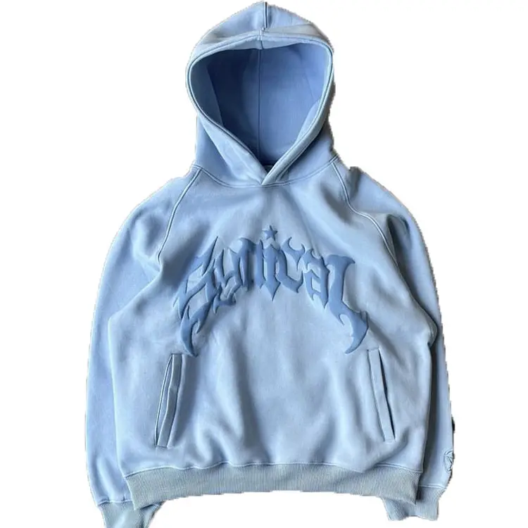 Venta al por mayor 3D espuma recortada sudadera algodón de gran tamaño polar Terry calidad de peso pesado Raw Hem mujeres personalizado Puff impresión Hoodi