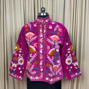 Boho Chic Retro Chic Free Size Robe Hand Embroidered Pink Floral Velvet Suzani <b>Jacket</b> Open Front Winter Coat Soft Free Size Robe - Product Image 1