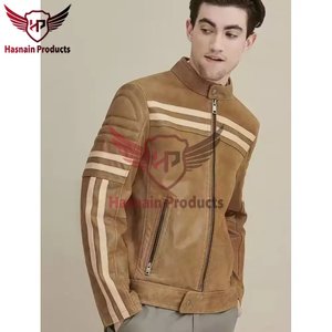 <b>Mens</b> Real Tan Leather <b>Jacket</b> Stand Collar White Racing Stripe Sheepskin Biker Coat Distressed Custom Vintage Winter Outerwear - Product Image 5