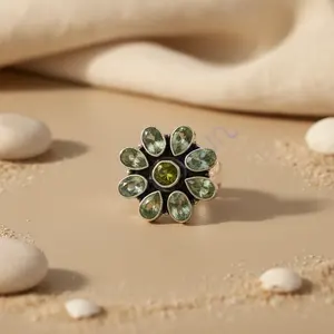 925 <b>Silver</b> Flower <b>Stud</b> Earrings with Green Gemstones Women's Fashion Ring - Product Image 3