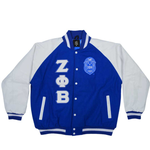 Zeta Phi Beta Sorority Letterman Varsity Jacket Transpirable 100% Poliéster Bordado Azul Cuerpo Blanco Mangas Chenille - Product Image 1