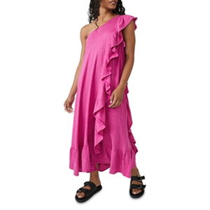 Abito in cotone monospalla Free People Elisa XS rosa con volant, elegante, lunghezza al ginocchio, con cerniera, traspirante, per il tempo libero e l'outfit da club - Product Image 1