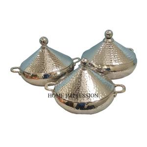 Lot de 3 Casseroles en Métal de Haute Qualité de Forme Ronde Finition Antique en Cuivre à Texture Martelée avec Poignées Plaquées Or - Product Image 2