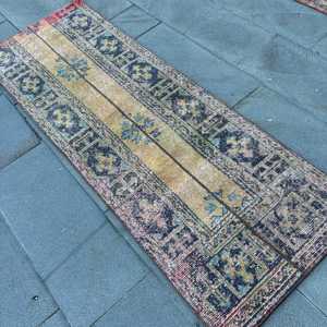 พรมตุรกีขนาด 2.3x6.4 ฟุต, พรม, พรมลายตารางสีน้ำเงินทำจากขนสัตว์ - Product Image 4