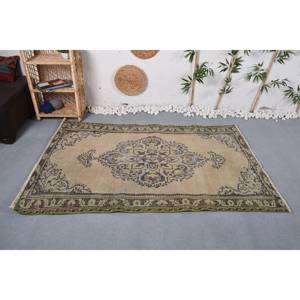 Alfombra de área grande hecha a mano de lana Beige Vintage, diseño de retazos de 4,1x6,4 pies para entrada, dormitorio, pasillo, alfombra Rectangular de látex - Product Image 1