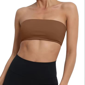 Women Seamless Strapless Sports Bra Plaid High Support Breathable Four-Way Stretch Yoga Top Removable <b>Pads</b> Brown - Product Image 1