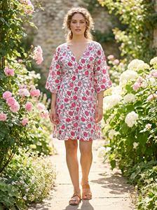 Robes décontractées pour femmes, personnalisées, en coton tissé 100%, col en V, manches 3/4, imprimées, coupe trapèze, taille naturelle, écologiques, lavables - Product Image 6