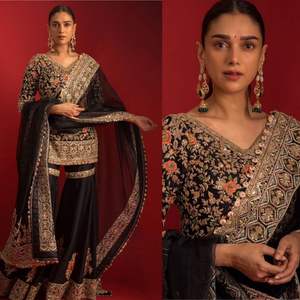 Latest Designer Indian Embroidery Sharara Gharara Kurti Set Gorgeous Pakistani Ethnic Wear Customized Tapeta Silk Stitched - Product Image 4