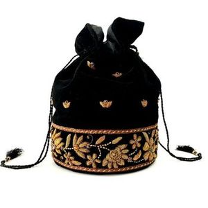 Stylish <b>Black</b> Silk Bucket Wrist <b>Bag</b> with Velvet Crystal Glass Beads and Pearl Embroidery Designer Dabka for Party or Wedding Use - Product Image 4