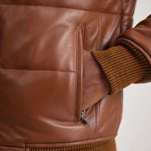 Lucas Brown Premium Leather Puffer Bomber <b>Jacket</b> Fashionable Streetwear <b>Hooded</b> <b>Fur</b> Trim Woven Canvas Long Breathable Winter Wear - Product Image 6