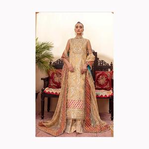 Vestido de diseñador Material Sharara Color amarillo Diseñador paquistaní Colección de vestidos de novia Traje Sharara con Kameez largo 2024 - Product Image 1