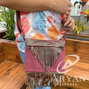 Custom Genuine Leather Canvas Water Resistant Purse for Women's Western Luxury Cowhide Leather Crossbody Fringe Shoulder Bags - Product Image 1