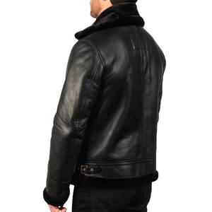 Chaqueta de Motociclista de Cuero Genuino de Oveja Negra para Hombre, con Cuello de Piel Sintética con Patrón Sólido, Cierre de Cremallera con Logotipo Frontal - Product Image 4