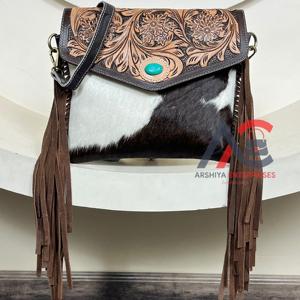 Sac à main à franges en cuir de vachette taillé à la main bohème pour femmes Western véritable cuir Turquoise pierre enveloppe sac à main - Product Image 1