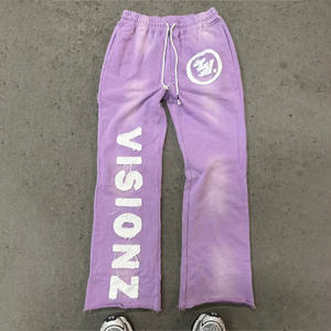 Pantalon de survêtement évasé personnalisé décontracté appliqué graphique en détresse brodé lettre patchs empilés pantalon de survêtement évasé délavé à l'acide - Product Image 1