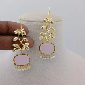 Golden Leaf & <b>Rose</b> <b>Quartz</b> Dangler Oval-Shaped Stone <b>Earrings</b> Set Brass Made Bulk Product Customize Design - Product Image 1