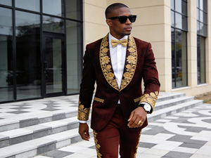 Designer Brown 2 Piece Tuxedo <b>for</b> <b>Men</b> with Gold <b>Floral</b> Embroidery - Product Image 3