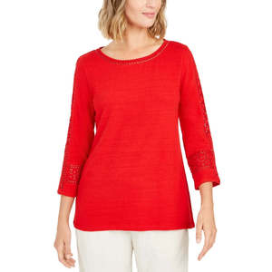 Top da donna Charter Club con stampa floreale bohémien e inserti all'uncinetto, rosso, taglia L - Cardigan corto in maglia con pizzo, casual estivo, twinset - Product Image 1