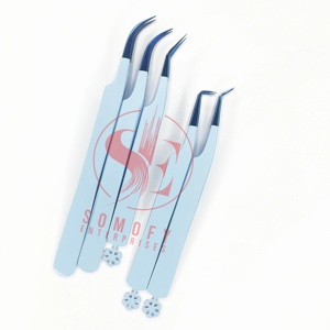Pinzas de extensión de pestañas de acero inoxidable azul cielo de etiqueta privada puntas de fibra de volumen profesional alta cantidad fondo nuevo único - Product Image 3