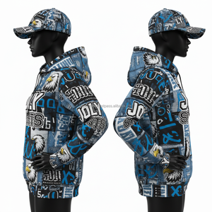 เสื้อฮู้ดดี้ผ้าโพลีเอสเตอร์ผสมคอตตอน พิมพ์ลายกราฟิกสีน้ำเงิน ดำ ขาว ทั่วตัว  ออกแบบโลโก้ตามสั่งด้วยเทคนิคซับลิเมชั่น เสื้อฮู้ดดี้พื้นฐานสำหรับผู้หญิง - Product Image 3