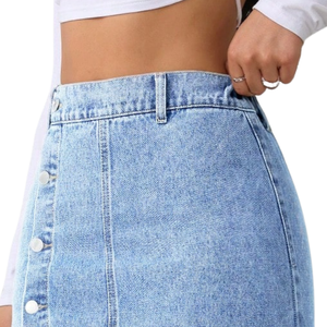 Jupe longue en jean tissé bleu clair pour femme, taille haute, boutonnée sur le devant, fente latérale, coupe droite décontractée, pour l'été et l'automne, usage quotidien - Product Image 3