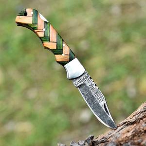 Offre Spéciale personnalisé fait à la main en acier damas couteau de poche pliant en cuir manche en bois beaux couteaux de Camping en plein air Support OEM - Product Image 1