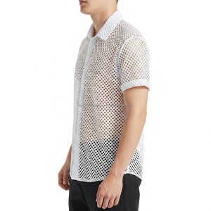 เสื้อเชิ้ตตาข่ายโปร่งสีขาว เสื้อลำลองระบายอากาศได้ดี ผ้าตาข่าย เหมาะสำหรับฤดูร้อน ชายหาด สตรีทแวร์ เสื้อเชิ้ตติดกระดุมสำหรับผู้ชาย - Product Image 4