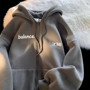 Sudaderas con Capucha para Hombre, Color Gris Oscuro, con Estampado de Letras, Cierre de Cremallera, Bolsillo, Estilo Vintage, Talla Grande, Tejido Grueso - Product Image 5