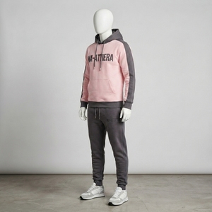 Conjunto Deportivo para Hombre, Sudadera con Capucha Rosa y Gris, Mangas con Rayas en Contraste, Pantalones Deportivos, Ropa Deportiva Informal para Gimnasio y Entrenamiento - Product Image 3