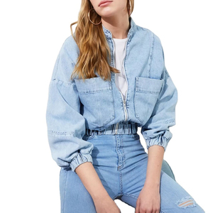 Vêtements décontractés pour femmes de qualité supérieure Doudoune légère en denim solide Tricoté Traitement vestes en denim bleu clair - Product Image 3