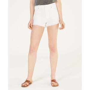 Shorts in denim da donna a vita alta rosa stile celebrità, taglia 15, bianchi, effetto distressed vintage, con bottoni, taglie forti, con strass - Product Image 1