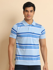 T-shirt à manches courtes à col polo à rayures classiques Tendance et confortable Tenue décontractée 100% coton en Irisblue pour toutes les occasions - Product Image 2