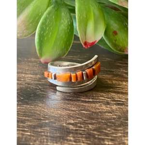 Patricia & Ed Becenti Handmade Spiny Oyster & Sterling Silver Cobblestone <b>Adjustable</b> <b>Ring</b> Size 8.5 Everyday Wear Coral Jewelry - Product Image 1