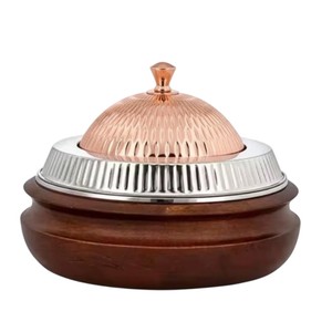 Marmite à fondue en acier inoxydable faite à la main de luxe avec base en bois Design moderne Chauffe-plats rond pour la maison et la restauration hôtelière - Product Image 2