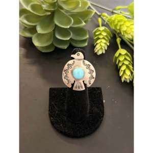 Randy Boyd's Golden Hills <b>Statement</b> <b>Ring</b> Turquoise Sterling <b>Silver</b> Thunderbird Oval Cut Bezel Setting Size 6 Everyday Wear - Product Image 1