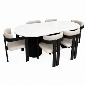 Ensemble de salle à manger moderne Aurevino en marbre ovale, pieds en bois, chaises rembourrées avec dossier en tissu, style scandinave, finition noire - Product Image 1