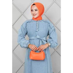 Hombros Borla Hijab Vestido Denim Azul Hielo - Product Image 3