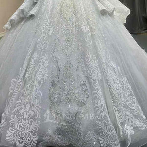 Robe de mariée longue bleue pour femme, modèle OY009, moderne, scintillante, à col carré, broderie florale en dentelle et sequins, avec traîne chapelle - Product Image 6