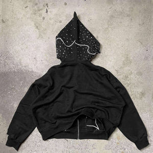 Premium <b>Black</b> Rhinestone Zip Up <b>Hoodie</b> with Custom Applique Logo Streetwear Fashion Hooded Sweatshirt for Men and Women - Product Image 2