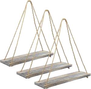 Étagères suspendues en bois vieilli rustique: 17 pouces avec étagères flottantes en corde pivotante (blanchi à la chaux-lot de 3) - Product Image 1
