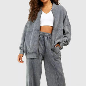 Conjuntos de 2 piezas para mujer 2025, conjunto de bombardero con cremallera de pierna recta larga lavada con ácido para mujer, Tops de algodón Vintage lavado de tendencia - Product Image 4