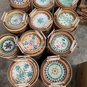 Plateau en mosaïque de nacre, plateau de service et décoratif en rotin tressé de qualité supérieure, Viettimecraft - Product Image 1