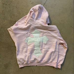 Custom Distressed Embroidery Fabric Patch Drop Shoulder Oversized <b>Pink</b> Heavyweight Cropped <b>Men's</b> Zip up <b>Hoodies</b> <b>Men</b> for Winter - Product Image 2